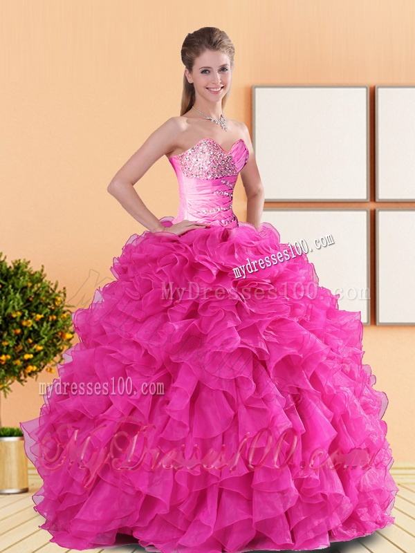 2016 Comfortable Beading and Ruffles Quinceanera Dresses in Hot Pink