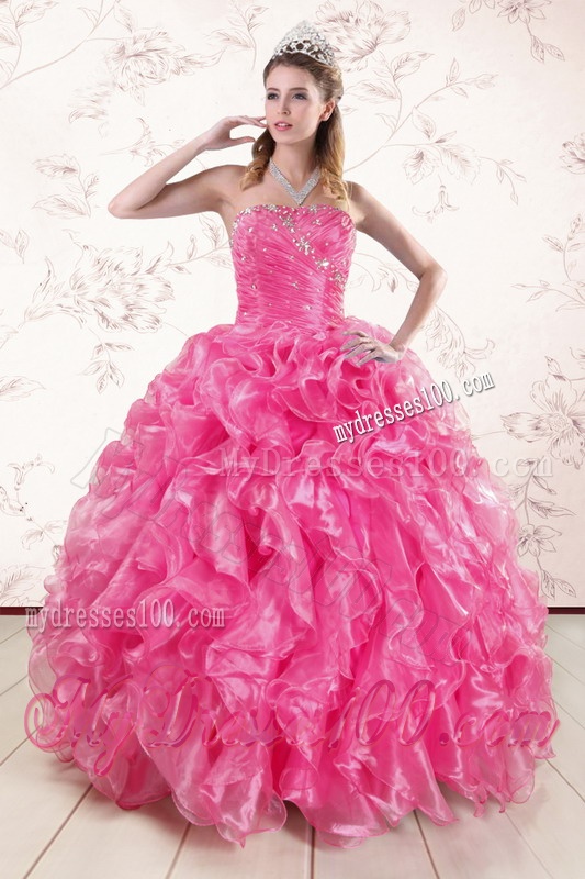 2016 Pretty Hot Pink Quinceanera Dresses with Appliques and Ruffles