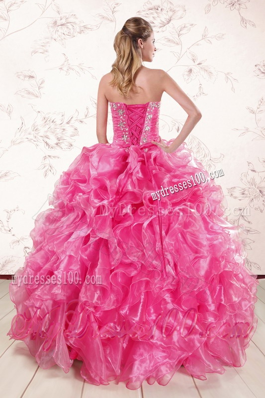 2016 Pretty Hot Pink Quinceanera Dresses with Appliques and Ruffles