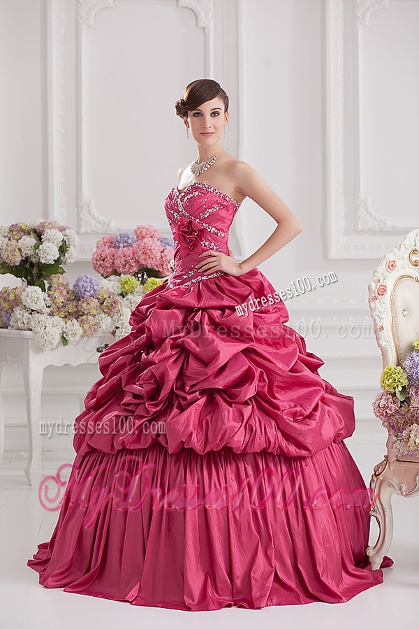 2016 Spring Ball Gown Hand Made Flowers Beading Pick-ups Quinceanera Dress in Red