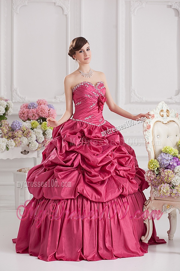 2016 Spring Ball Gown Hand Made Flowers Beading Pick-ups Quinceanera Dress in Red