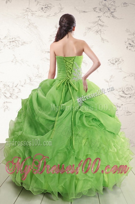 Brand New Spring Green Strapless Sweet 15 Dresses with Ruffles and Beading