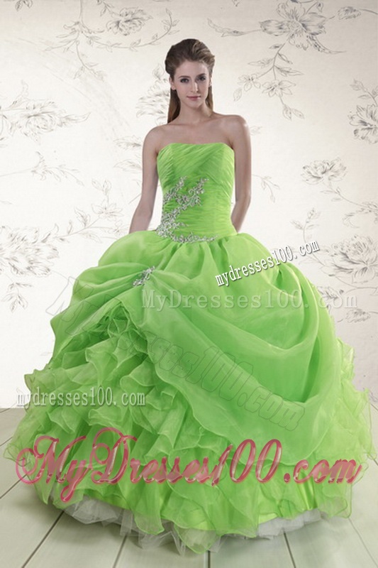 Brand New Spring Green Strapless Sweet 15 Dresses with Ruffles and Beading
