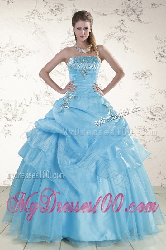 Pretty Aqua Blue 2016 Strapless Quinceanera Dresses with Beading