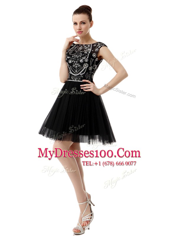 Perfect Sleeveless Tulle Knee Length Zipper Homecoming Dress in Black with Beading