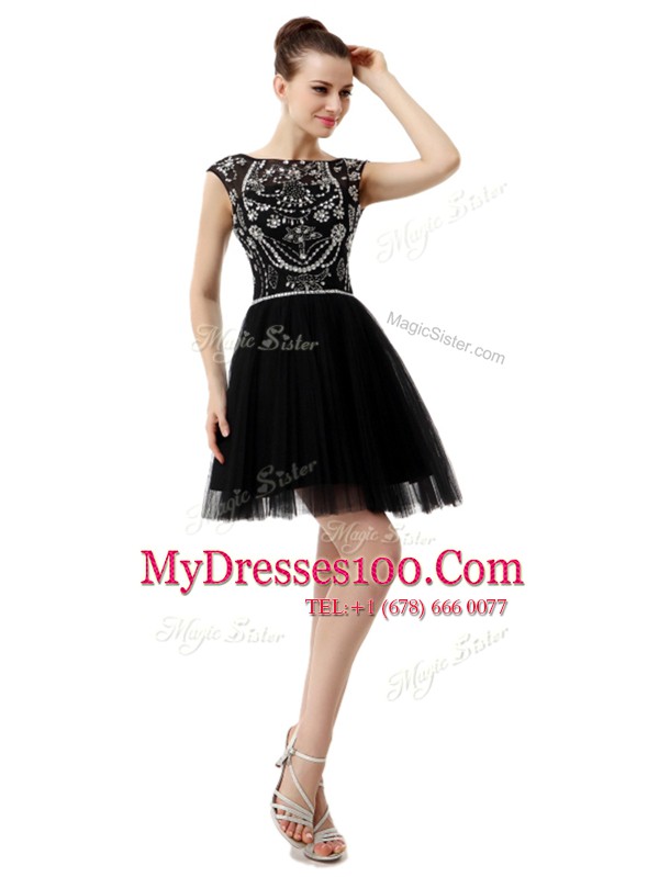 Perfect Sleeveless Tulle Knee Length Zipper Homecoming Dress in Black with Beading