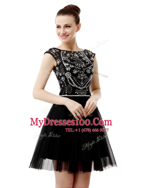 Perfect Sleeveless Tulle Knee Length Zipper Homecoming Dress in Black with Beading
