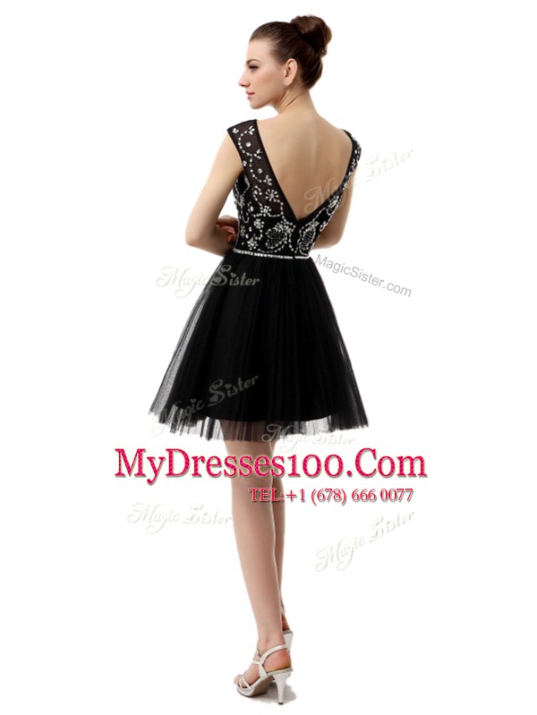 Perfect Sleeveless Tulle Knee Length Zipper Homecoming Dress in Black with Beading