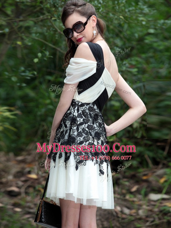 One Shoulder White And Black A-line Lace Prom Evening Gown Criss Cross Chiffon Sleeveless Knee Length