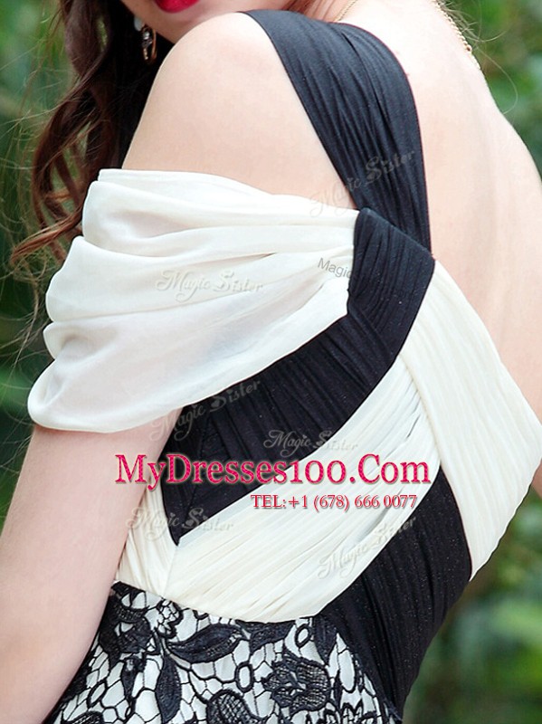 One Shoulder White And Black A-line Lace Prom Evening Gown Criss Cross Chiffon Sleeveless Knee Length