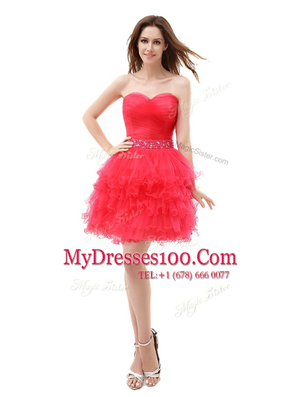 Ruffled Knee Length A-line Sleeveless Red Prom Party Dress Zipper