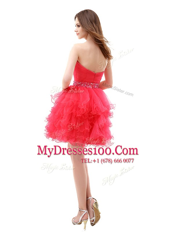 Ruffled Knee Length A-line Sleeveless Red Prom Party Dress Zipper
