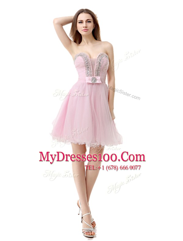 Fashionable Baby Pink Tulle Zipper V-neck Sleeveless Knee Length Cocktail Dress Beading
