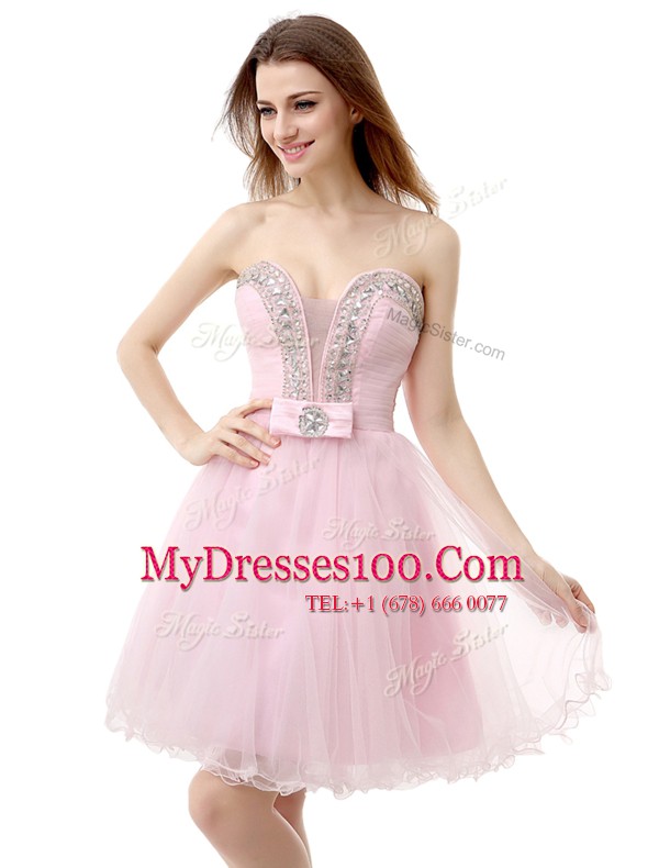 Fashionable Baby Pink Tulle Zipper V-neck Sleeveless Knee Length Cocktail Dress Beading