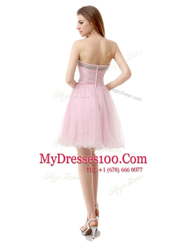 Fashionable Baby Pink Tulle Zipper V-neck Sleeveless Knee Length Cocktail Dress Beading