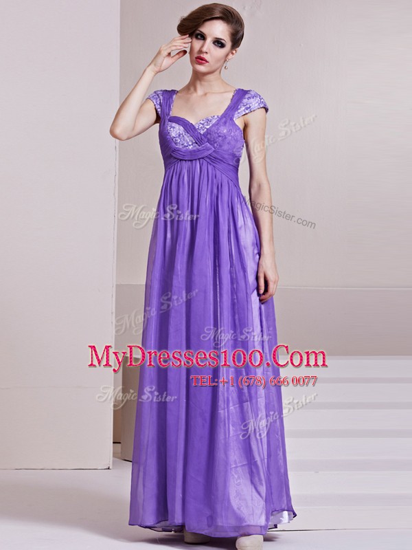 Cap Sleeves Ankle Length Sequins and Ruching Side Zipper Prom Evening Gown with Lavender