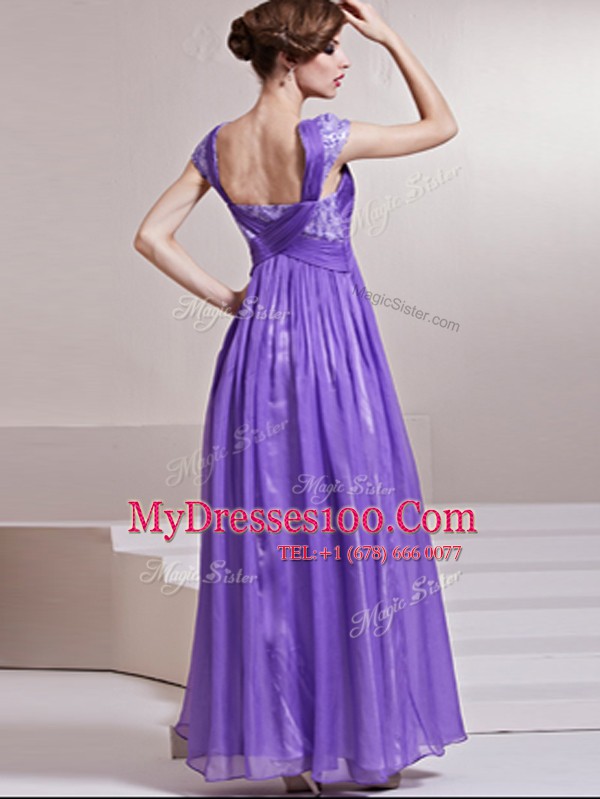 Cap Sleeves Ankle Length Sequins and Ruching Side Zipper Prom Evening Gown with Lavender