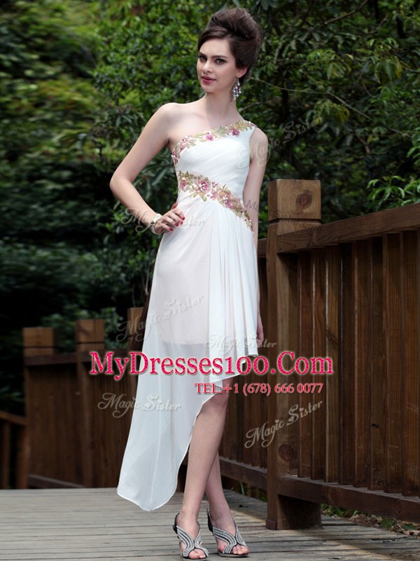 White Column/Sheath Organza One Shoulder Sleeveless Appliques Ankle Length Side Zipper Party Dress for Girls
