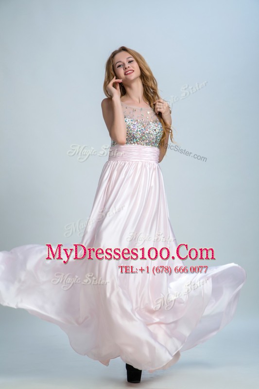 Affordable Baby Pink Bateau Side Zipper Beading and Ruching Prom Dress Sleeveless