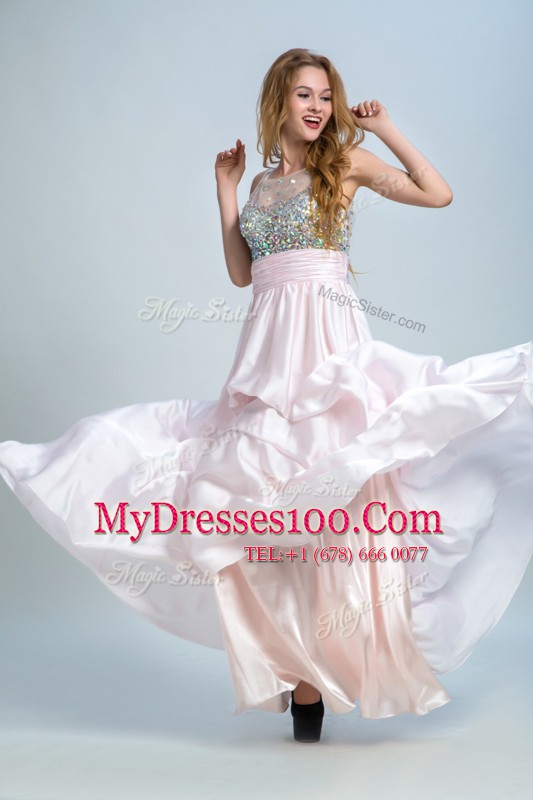 Affordable Baby Pink Bateau Side Zipper Beading and Ruching Prom Dress Sleeveless