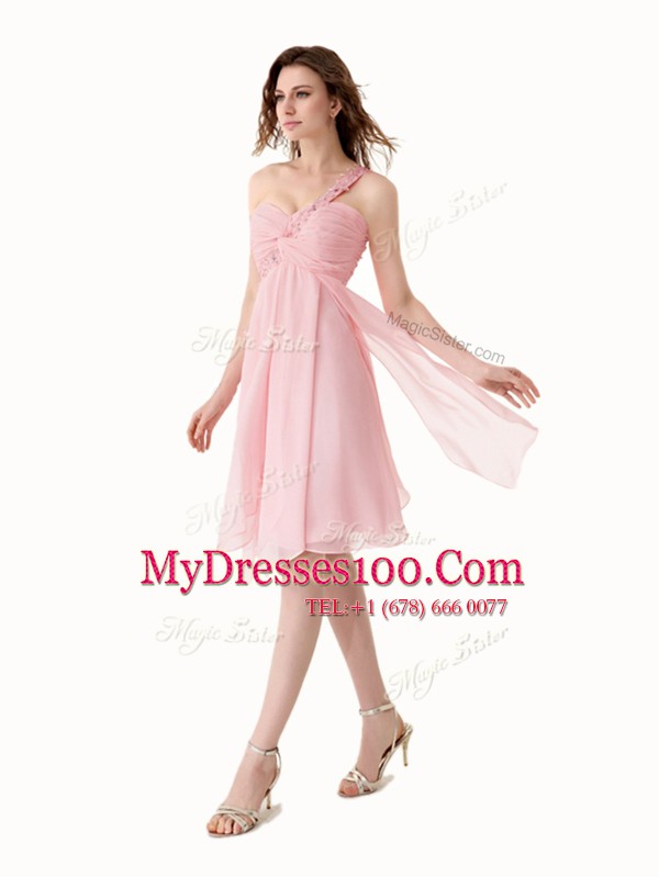 Discount One Shoulder Baby Pink Sleeveless Chiffon Lace Up Cocktail Dress for Prom