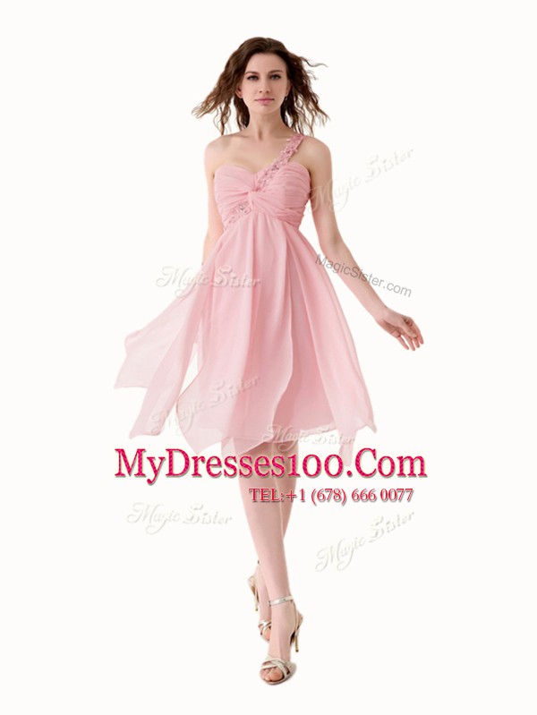 Discount One Shoulder Baby Pink Sleeveless Chiffon Lace Up Cocktail Dress for Prom