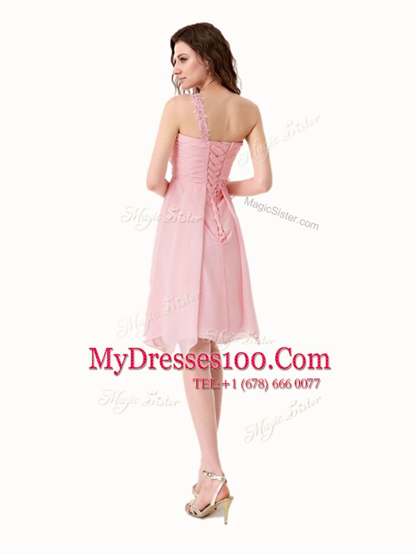 Discount One Shoulder Baby Pink Sleeveless Chiffon Lace Up Cocktail Dress for Prom