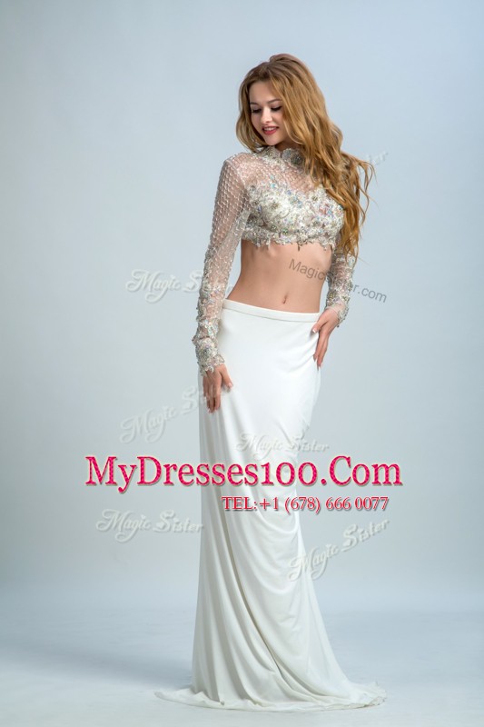 Popular White Column/Sheath Beading Junior Homecoming Dress Backless Elastic Woven Satin Long Sleeves Floor Length
