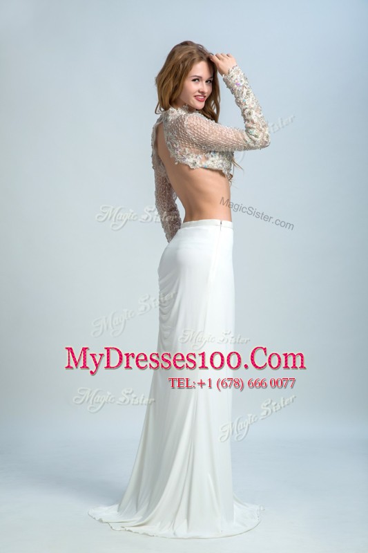 Popular White Column/Sheath Beading Junior Homecoming Dress Backless Elastic Woven Satin Long Sleeves Floor Length