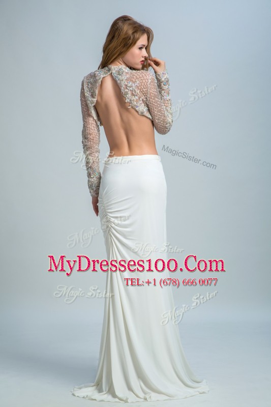 Popular White Column/Sheath Beading Junior Homecoming Dress Backless Elastic Woven Satin Long Sleeves Floor Length
