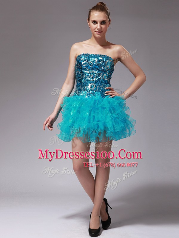 Ball Gowns Cocktail Dress Aqua Blue Strapless Organza Sleeveless Mini Length Zipper
