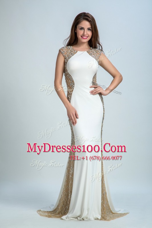 Floor Length Backless Formal Dresses White for Prom and Party with Beading