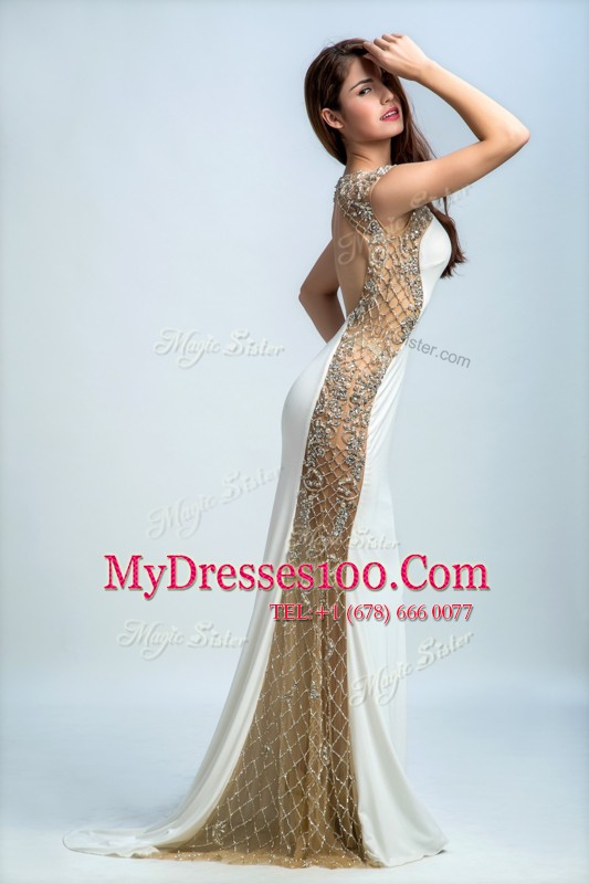 Floor Length Backless Formal Dresses White for Prom and Party with Beading