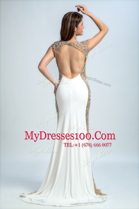 Floor Length Backless Formal Dresses White for Prom and Party with Beading