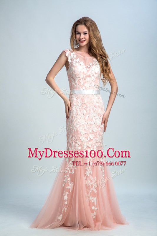 Sleeveless Tulle and Lace Floor Length Zipper Evening Dress in Peach with Lace