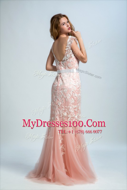 Sleeveless Tulle and Lace Floor Length Zipper Evening Dress in Peach with Lace
