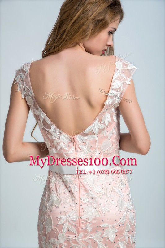 Sleeveless Tulle and Lace Floor Length Zipper Evening Dress in Peach with Lace
