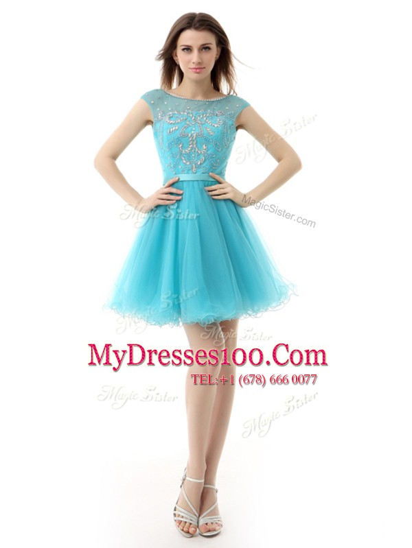 Amazing Sleeveless Knee Length Beading Zipper Prom Dresses with Aqua Blue