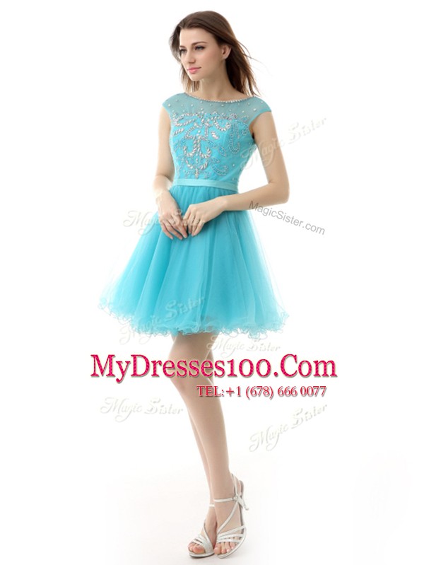 Amazing Sleeveless Knee Length Beading Zipper Prom Dresses with Aqua Blue