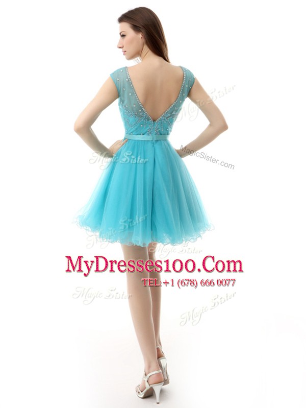 Amazing Sleeveless Knee Length Beading Zipper Prom Dresses with Aqua Blue