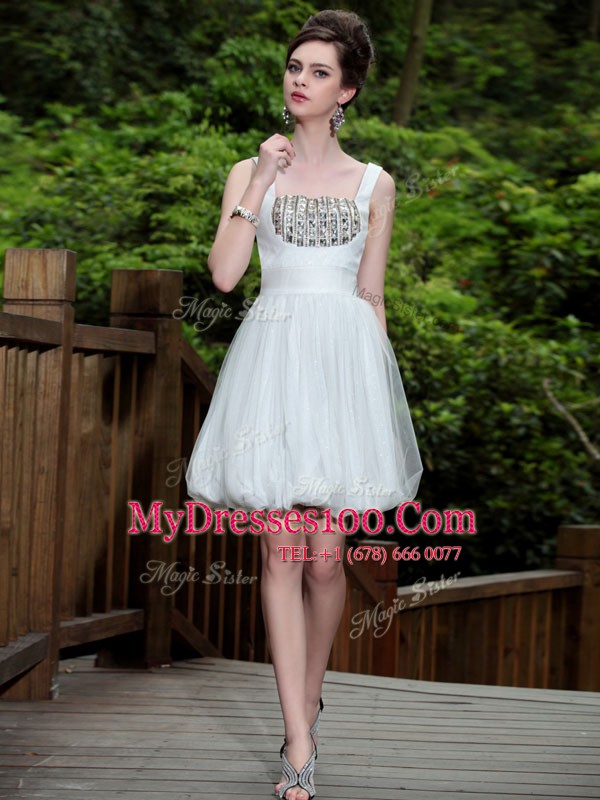 Sleeveless Chiffon Knee Length Side Zipper Prom Party Dress in White with Beading