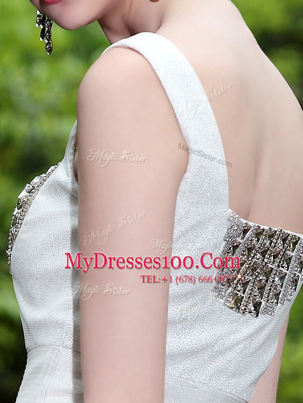 Sleeveless Chiffon Knee Length Side Zipper Prom Party Dress in White with Beading