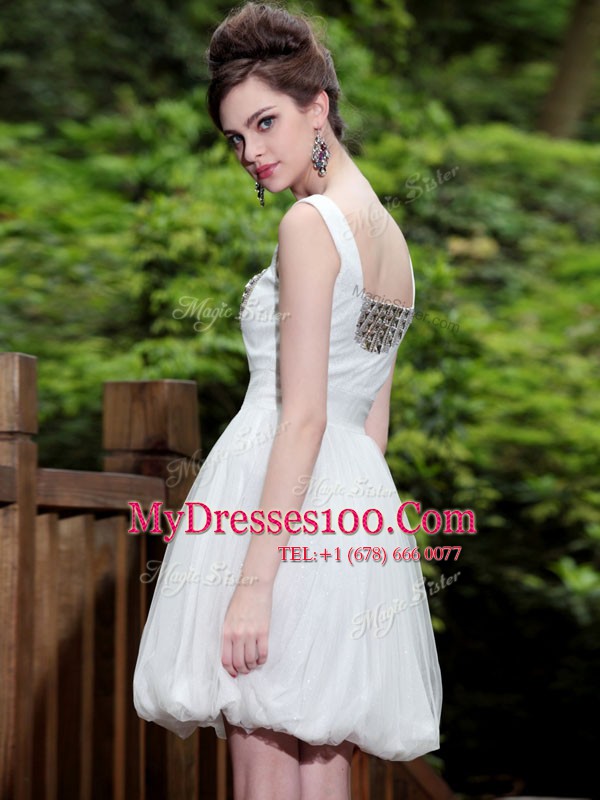 Sleeveless Chiffon Knee Length Side Zipper Prom Party Dress in White with Beading