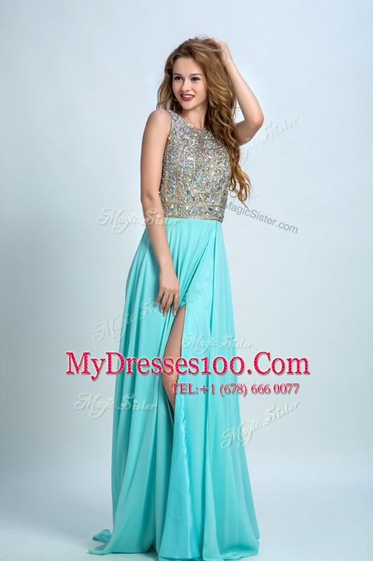 Scoop With Train Column/Sheath Sleeveless Aqua Blue Dress for Prom Brush Train Backless