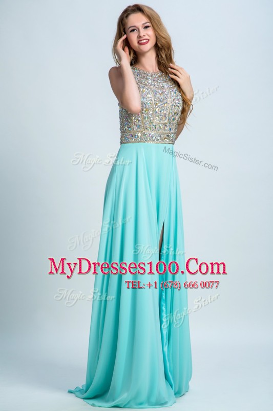 Scoop With Train Column/Sheath Sleeveless Aqua Blue Dress for Prom Brush Train Backless