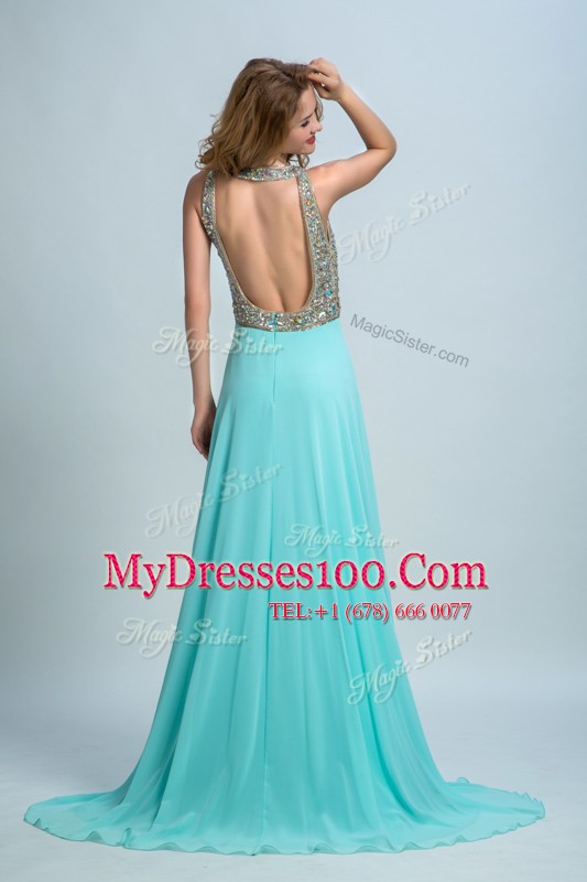 Scoop With Train Column/Sheath Sleeveless Aqua Blue Dress for Prom Brush Train Backless
