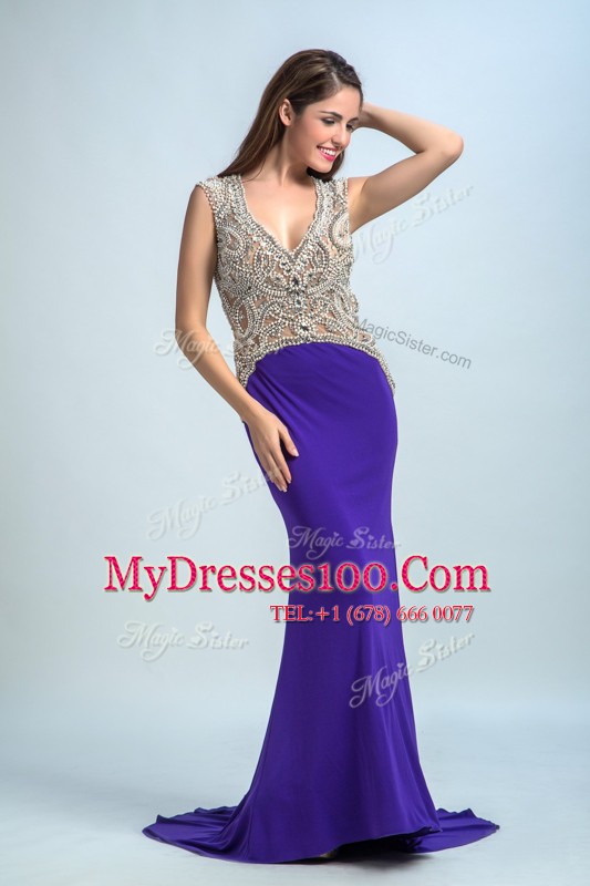 Purple Sleeveless Floor Length Beading Backless Homecoming Dress