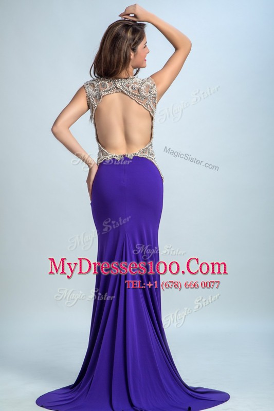 Purple Sleeveless Floor Length Beading Backless Homecoming Dress