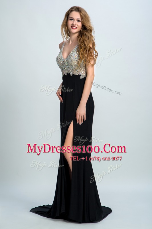 Straps Sleeveless Brush Train Backless Prom Evening Gown Black Chiffon