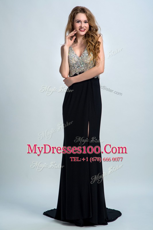 Straps Sleeveless Brush Train Backless Prom Evening Gown Black Chiffon
